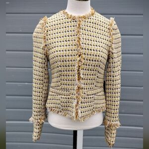 Lulus XS Boss Girl Tweed yellow Multi tiered Long sleeve fringed hook eye crop